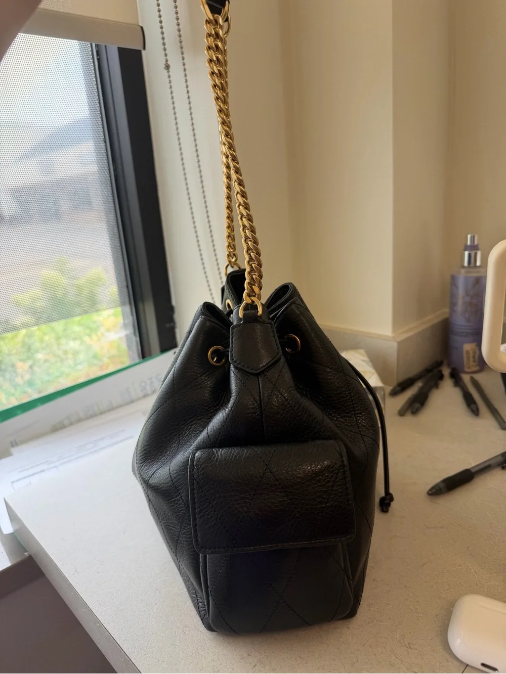 Tory Burch Charlie Quilted Drawstring Shoulder Bag - Black with Gold Hardware